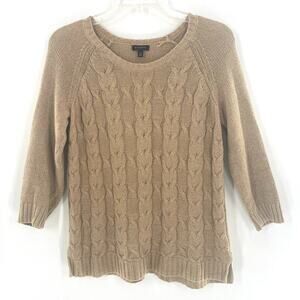 Talbots Womens Cable Knit Fisherman Sweater Linen Cotton Tan‎ 3/4 Sleeve Sz XS